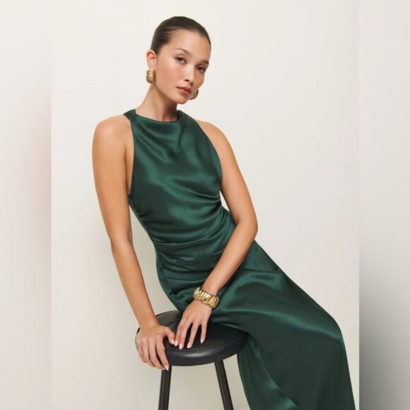 NEW Reformation Anaiis Long Silk Dress Forest Dark Green | size 0 - Picture 4 of 15